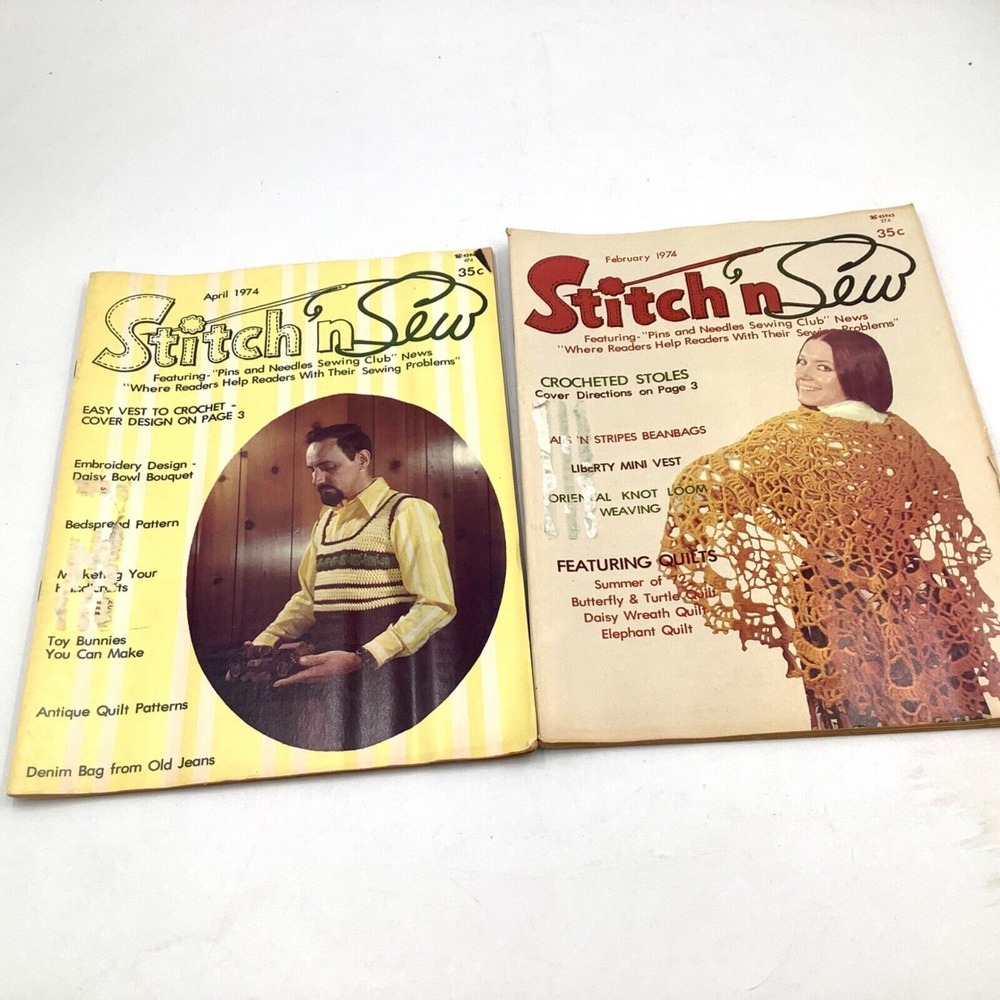 Lot of 2 Stitch n Sew Magazine Patterns Feb April 1974 Crochet Stoles Vest VTG
